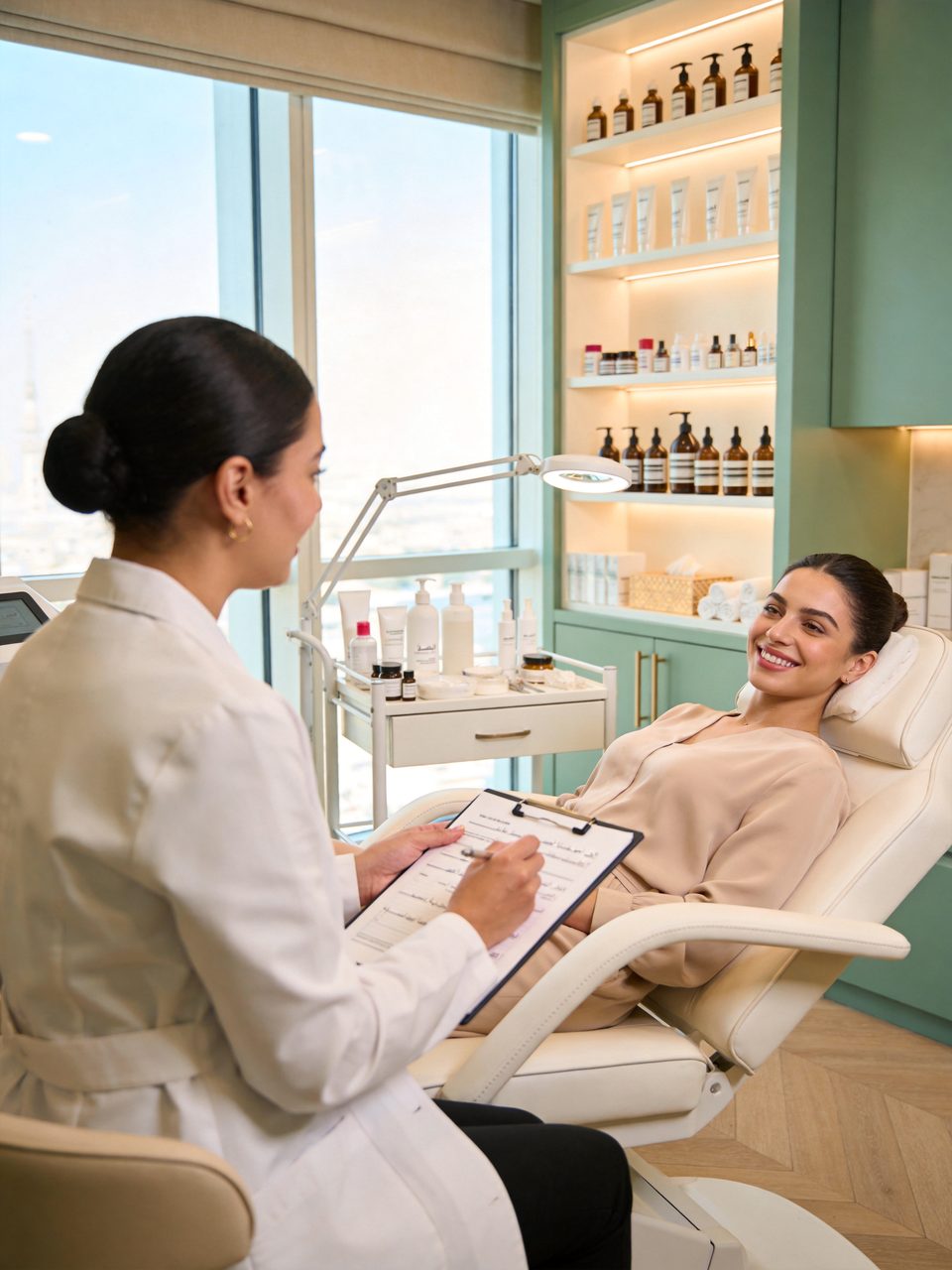 Aesthetic practitioner consulting a client in a clinic treatment room