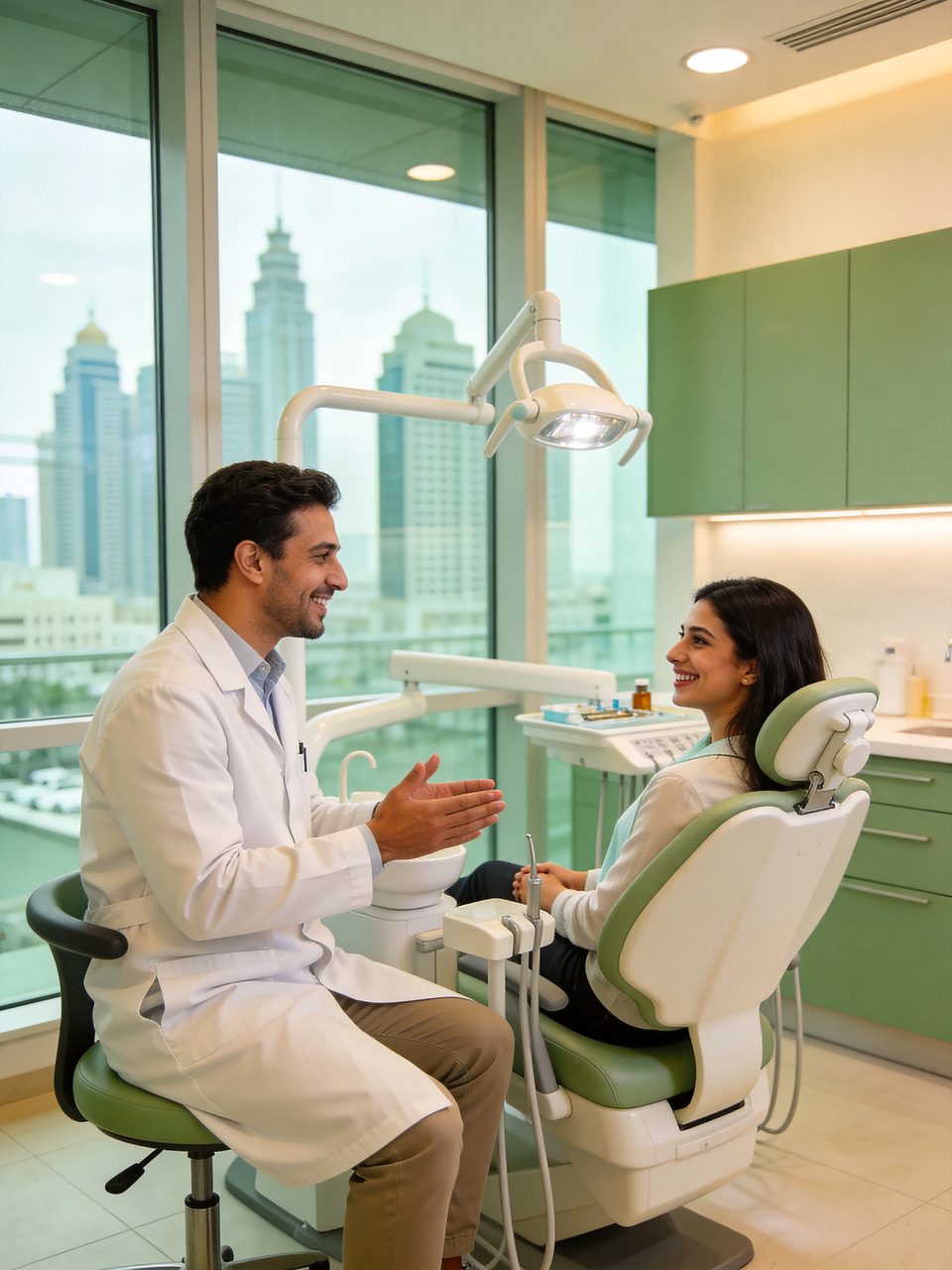 Dentist talking with a smiling patient in a modern dental clinic
