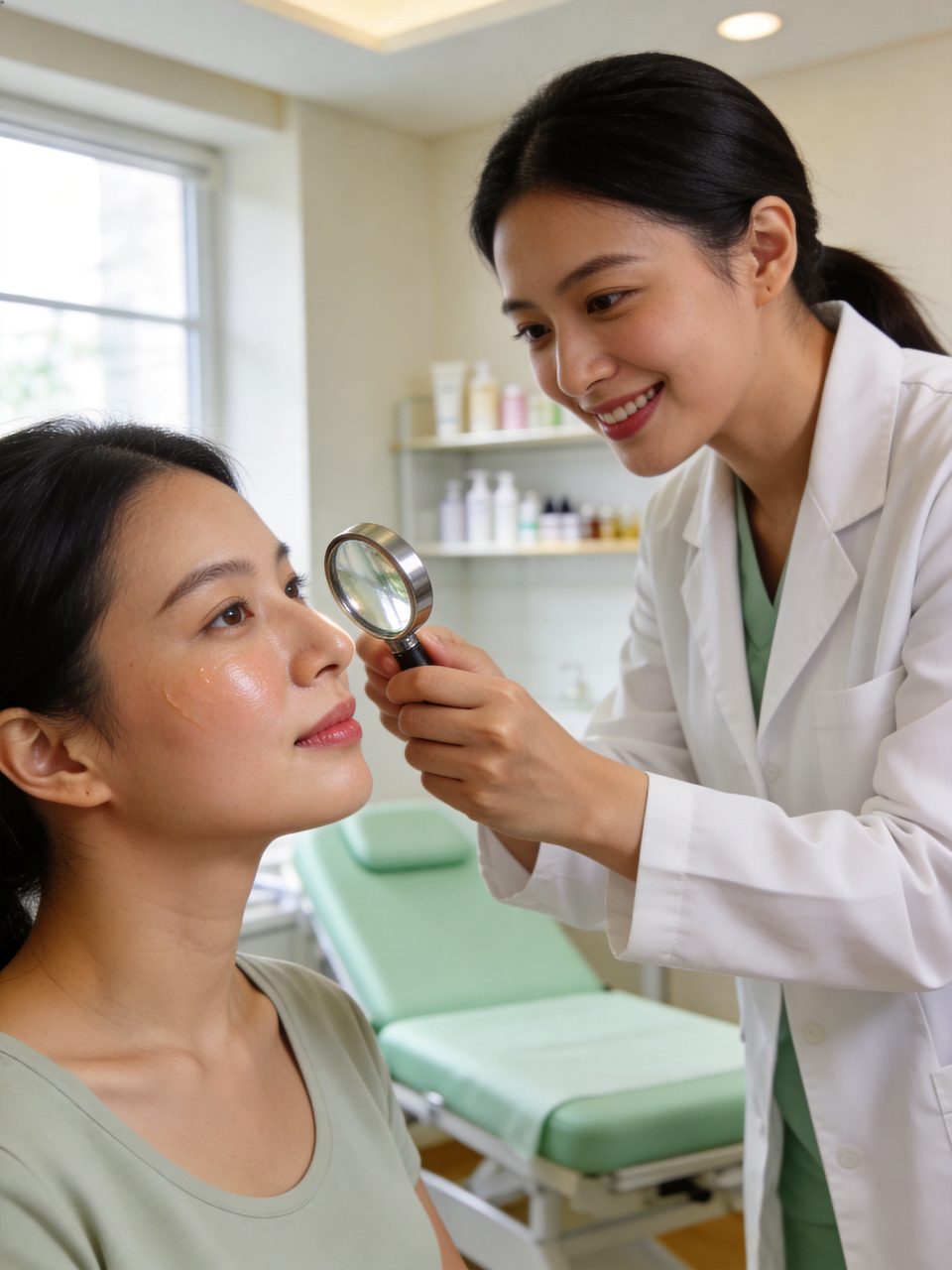 Dermatologist examining a patient's skin with a magnifying lens