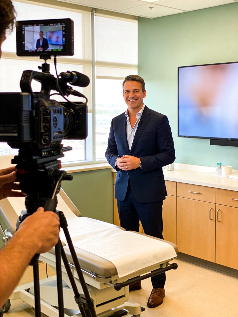 Doctor being filmed for a personal brand video in his consultation room