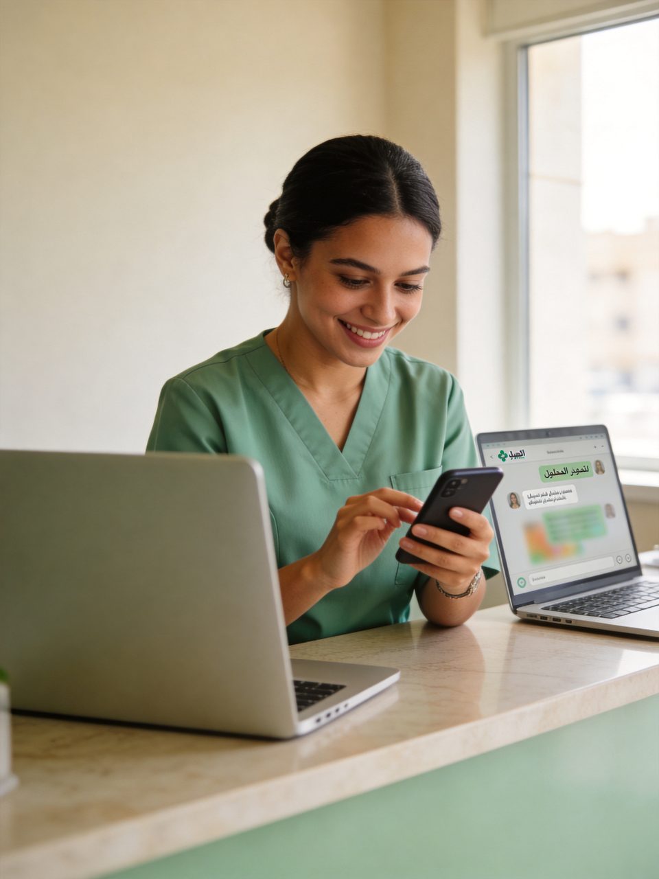 Clinic receptionist replying to a patient on WhatsApp