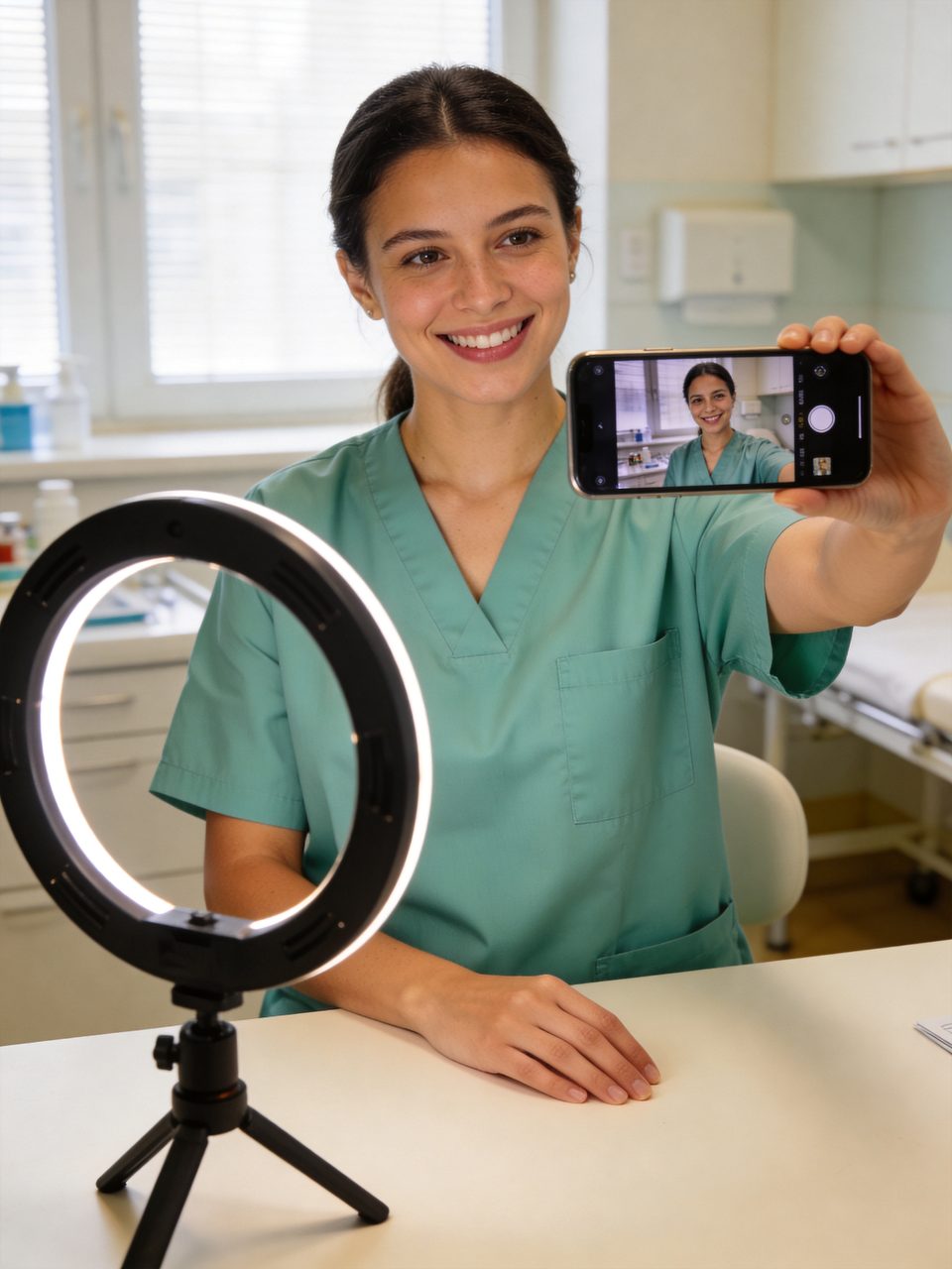 Clinic nurse recording a short video for social media