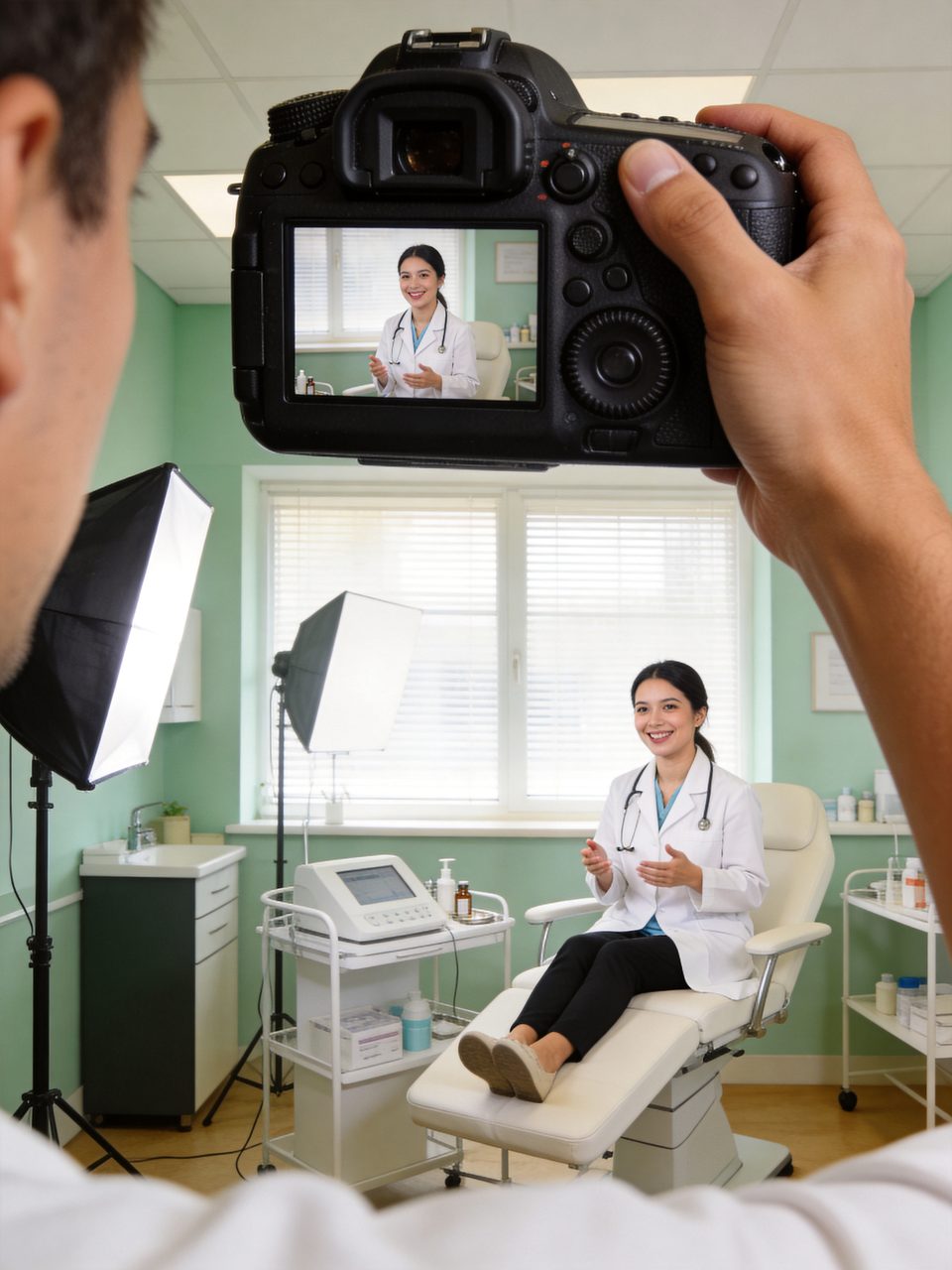 Camera operator filming a doctor in a clinic treatment room