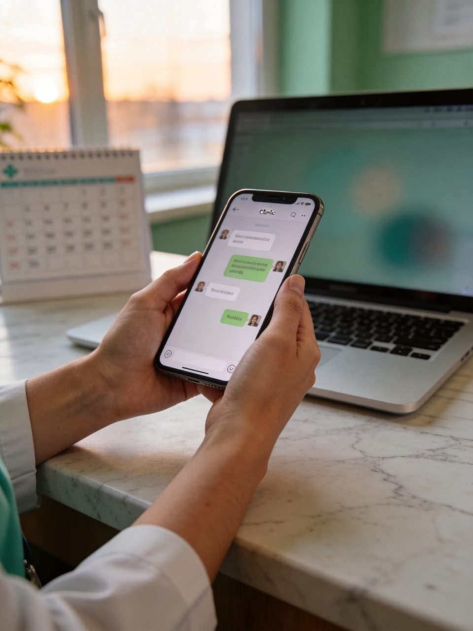 Clinic receptionist replying to patient messages on a smartphone