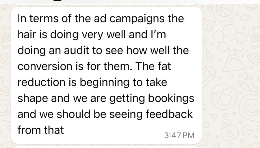 WhatsApp message from Onyx Medical Center about hair transplant campaigns doing well and bookings coming in
