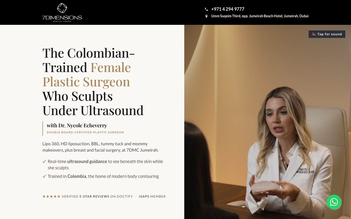 Plastic surgery landing page for 7 Dimensions Medical Centre, designed by MedSpa Marketing