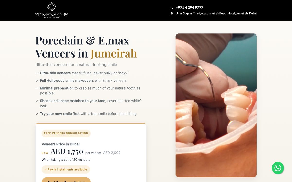 Veneers landing page for 7 Dimensions Medical Centre, designed by MedSpa Marketing