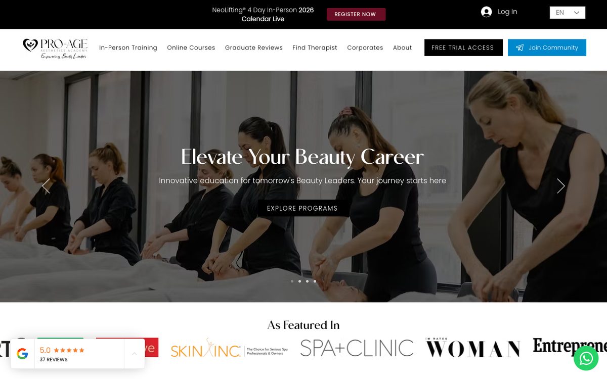 Pro-Age Aesthetics Academy homepage rebuilt by the agency, with programme navigation and free trial access