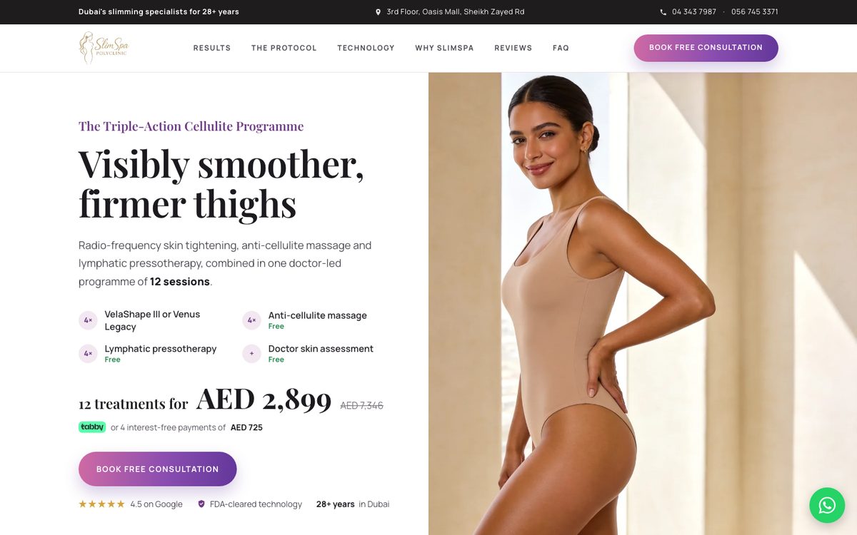 Cellulite programme landing page for Slim Polyclinic, designed by MedSpa Marketing